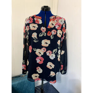 Cabi Navy With Pink Florals Top Blouse Women’s Size M Career Work Feminine